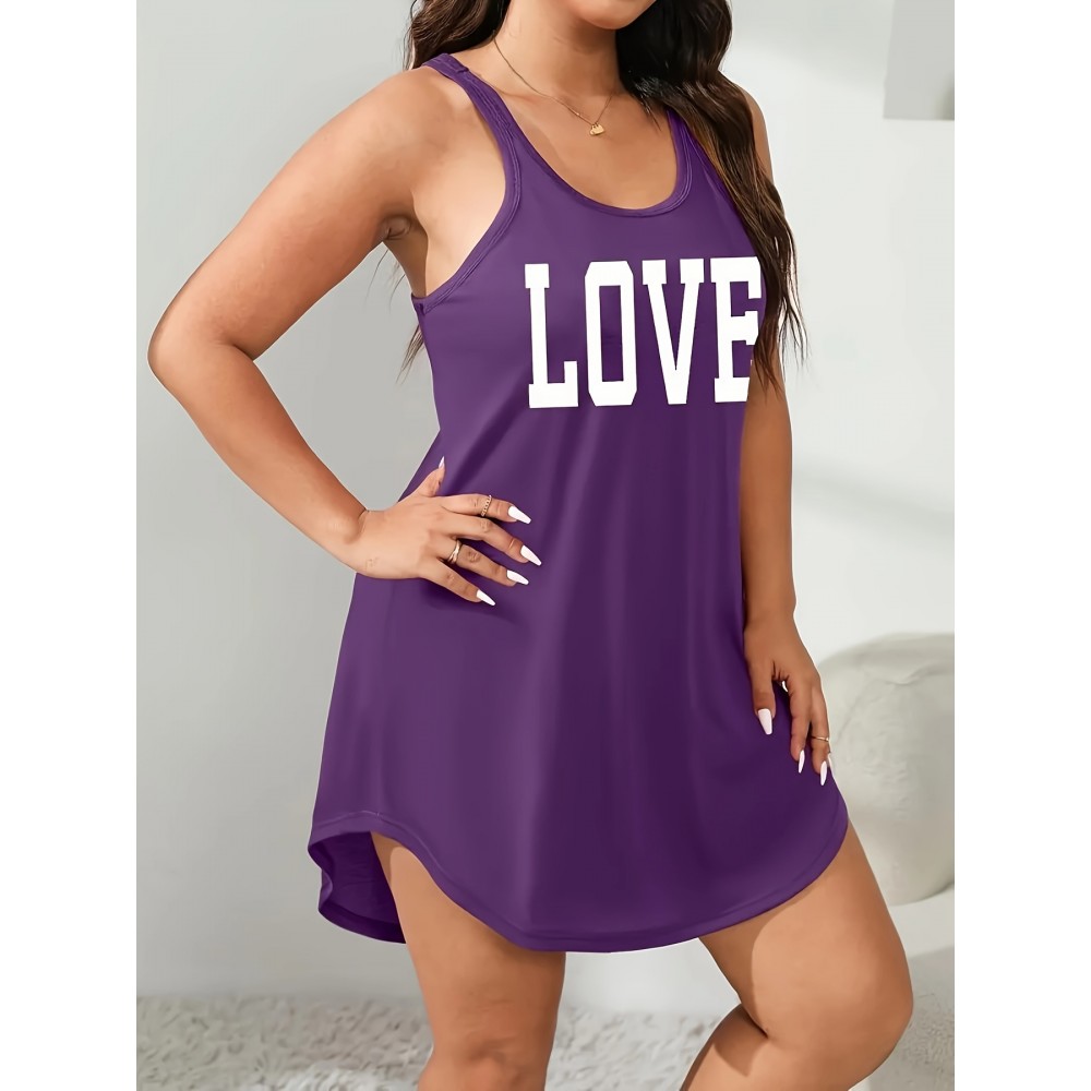 Plus Size Womens Fashionable Letter Print Nightdress - Soft Round Neck Tank Style with Flattering Curve Hem for Comfortable Sleepwear