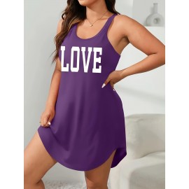 Plus Size Womens Fashionable Letter Print Nightdress - Soft Round Neck Tank Style with Flattering Curve Hem for Comfortable Sleepwear