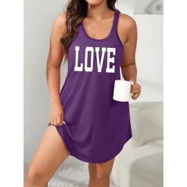 Plus Size Womens Fashionable Letter Print Nightdress - Soft Round Neck Tank Style with Flattering Curve Hem for Comfortable Sleepwear