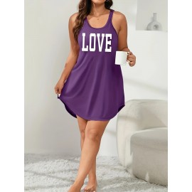 Plus Size Womens Fashionable Letter Print Nightdress - Soft Round Neck Tank Style with Flattering Curve Hem for Comfortable Sleepwear