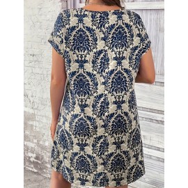 Chic Plus Size Floral Dress - Comfortable Short Sleeve & Notch Neck Design, Ideal for Spring/Summer Events