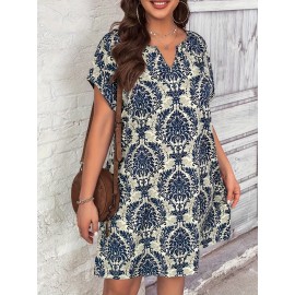 Chic Plus Size Floral Dress - Comfortable Short Sleeve & Notch Neck Design, Ideal for Spring/Summer Events