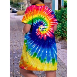 Plus Size Tie Dye Print Dress - Relaxed Fit, Short Sleeves, Flattering V Neckline, Convenient Side Pockets - Designed for Plus Size Women, Part of Our Womens Clothing Collection