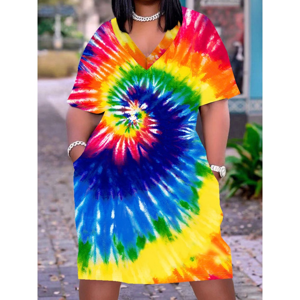 Plus Size Tie Dye Print Dress - Relaxed Fit, Short Sleeves, Flattering V Neckline, Convenient Side Pockets - Designed for Plus Size Women, Part of Our Womens Clothing Collection