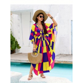 Kaftan Dresses For Women Colorful Colorful Geometric Full Print V-Neck Beach Cover up Kaftan Robe Casual Home Vacation Bat Sleeve Large Size Swimwear Cover Up Side Split Ethnic Style Dress Long Caftan