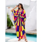 Kaftan Dresses For Women Colorful Colorful Geometric Full Print V-Neck Beach Cover up Kaftan Robe Casual Home Vacation Bat Sleeve Large Size Swimwear Cover Up Side Split Ethnic Style Dress Long Caftan