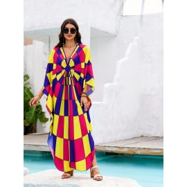 Kaftan Dresses For Women Colorful Colorful Geometric Full Print V-Neck Beach Cover up Kaftan Robe Casual Home Vacation Bat Sleeve Large Size Swimwear Cover Up Side Split Ethnic Style Dress Long Caftan