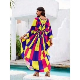 Kaftan Dresses For Women Colorful Colorful Geometric Full Print V-Neck Beach Cover up Kaftan Robe Casual Home Vacation Bat Sleeve Large Size Swimwear Cover Up Side Split Ethnic Style Dress Long Caftan