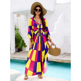 Kaftan Dresses For Women Colorful Colorful Geometric Full Print V-Neck Beach Cover up Kaftan Robe Casual Home Vacation Bat Sleeve Large Size Swimwear Cover Up Side Split Ethnic Style Dress Long Caftan