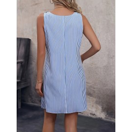 Plus Size Stripe Print Crew Neck Vest Dress - Soft Slight Stretch Polyester Fabric, Fake Button Decor, Random Printing, Perfect for Spring and Summer Vacation - Womens Relaxed Fit Casual Sleeveless Dress