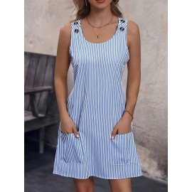 Plus Size Stripe Print Crew Neck Vest Dress - Soft Slight Stretch Polyester Fabric, Fake Button Decor, Random Printing, Perfect for Spring and Summer Vacation - Womens Relaxed Fit Casual Sleeveless Dress