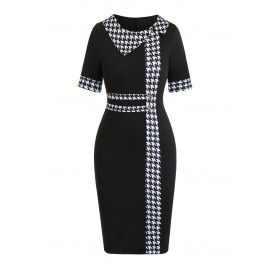 Chic Plus Size Womens Colorblock Houndstooth Dress - Flattering Short Sleeves, Figure-Embracing Bodycon Fit, Stylish Midi Length with Eye-Catching Button Detail