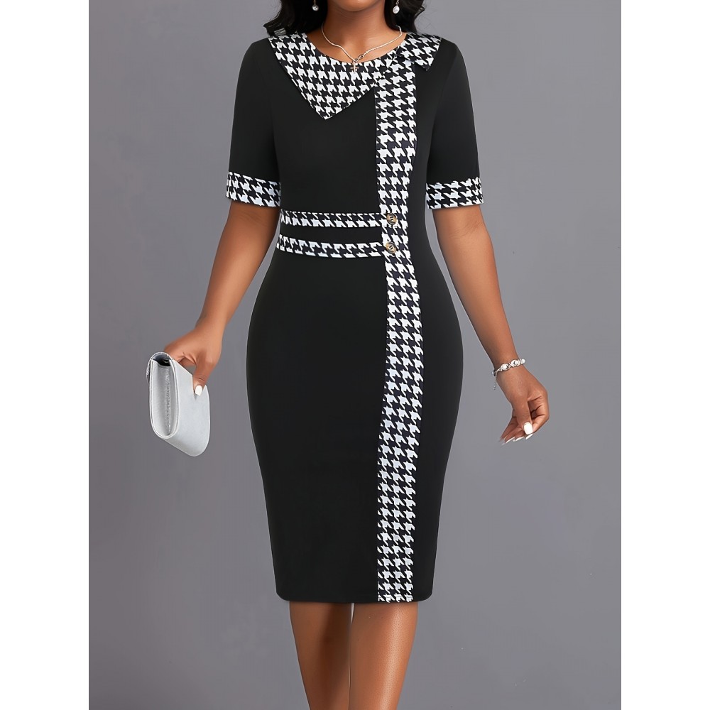 Chic Plus Size Womens Colorblock Houndstooth Dress - Flattering Short Sleeves, Figure-Embracing Bodycon Fit, Stylish Midi Length with Eye-Catching Button Detail