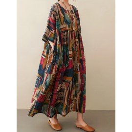 Plus Size All Over Print Ruched Loose Dress, Casual Half Sleeve Dress For Spring & Summer, Women's Plus Size Clothing