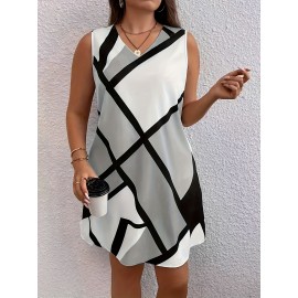 Plus Size Elegant Fit and Flare V Neck Sleeveless Geometric Print Tank Dress - Comfortable Non-Stretch Polyester Material, Random Printing, Perfect for Spring and Summer - Womens Casual Wear for Outdoor Activities