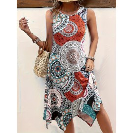 Plus Size Peplum Floral Print Tank Dress - High Stretch, Crew Neck, Elegant, Tribal Pattern, Random Printing, Polyester Fabric, Knit Construction - Perfect for Spring and Summer Casual Wear