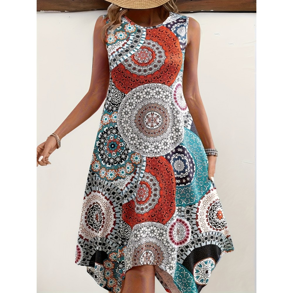 Plus Size Peplum Floral Print Tank Dress - High Stretch, Crew Neck, Elegant, Tribal Pattern, Random Printing, Polyester Fabric, Knit Construction - Perfect for Spring and Summer Casual Wear