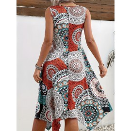 Plus Size Peplum Floral Print Tank Dress - High Stretch, Crew Neck, Elegant, Tribal Pattern, Random Printing, Polyester Fabric, Knit Construction - Perfect for Spring and Summer Casual Wear