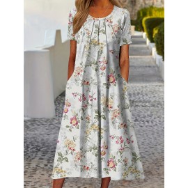 Plus Size Fit and Flare Floral Print Midi Dress with Pockets - Crew Neck, Short Sleeves, Medium Stretch, and Flared Hem - Perfect for Weekend Casual Summer Outings