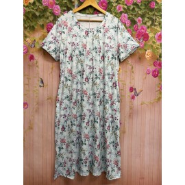 Plus Size Fit and Flare Floral Print Midi Dress with Pockets - Crew Neck, Short Sleeves, Medium Stretch, and Flared Hem - Perfect for Weekend Casual Summer Outings