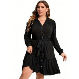 Plus Size Ruffle Hem Shirt Dress - Stylish Button Front, Casual Belted V Neck Long Sleeve Design with Flared Hem - Designed for Womens Plus Size Clothing