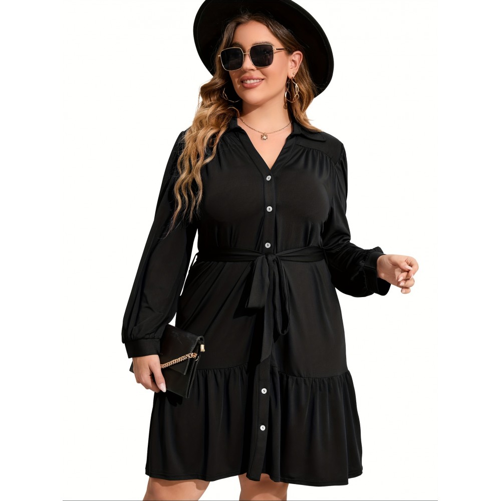 Plus Size Ruffle Hem Shirt Dress - Stylish Button Front, Casual Belted V Neck Long Sleeve Design with Flared Hem - Designed for Womens Plus Size Clothing