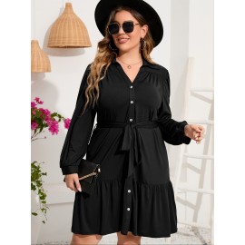 Plus Size Ruffle Hem Shirt Dress - Stylish Button Front, Casual Belted V Neck Long Sleeve Design with Flared Hem - Designed for Womens Plus Size Clothing