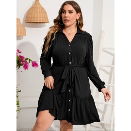 Plus Size Ruffle Hem Shirt Dress - Stylish Button Front, Casual Belted V Neck Long Sleeve Design with Flared Hem - Designed for Womens Plus Size Clothing