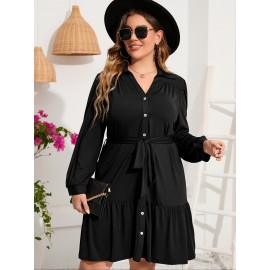 Plus Size Ruffle Hem Shirt Dress - Stylish Button Front, Casual Belted V Neck Long Sleeve Design with Flared Hem - Designed for Womens Plus Size Clothing