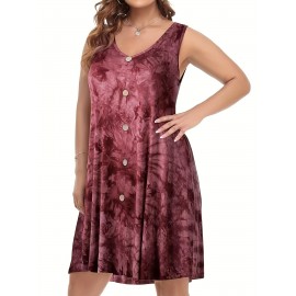 Plus Size Tie Dye Chic Dress with Pockets - Stylish Button Front & Sleeveless V Neck - Perfect for Spring & Summer Vacations - Curvy Womens Clothing