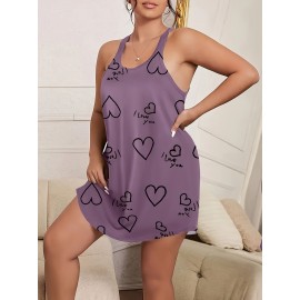 Plus Size Heart Print Tank Dress, Casual Sleeveless Dress For Spring & Summer, Women's Plus Size Clothing