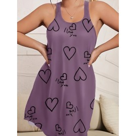 Plus Size Heart Print Tank Dress, Casual Sleeveless Dress For Spring & Summer, Women's Plus Size Clothing