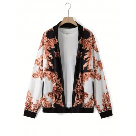 Plus Size Men's Golden Floral Pattern Print Baseball Jacket Fashion Casual Jacket For Spring Fall Winter, Men's Clothing