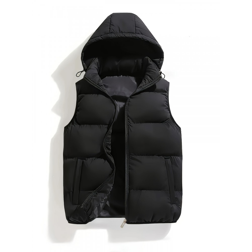 Plus Size Men's Solid Color Hooded Puffer Vest With Zipper And Pockets - Casual/Holiday Style, Autumn/Winter