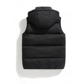 Plus Size Men's Solid Color Hooded Puffer Vest With Zipper And Pockets - Casual/Holiday Style, Autumn/Winter