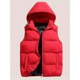 Plus Size Men's Solid Color Hooded Puffer Vest With Zipper And Pockets - Casual/Holiday Style, Autumn/Winter