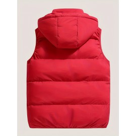 Plus Size Men's Solid Color Hooded Puffer Vest With Zipper And Pockets - Casual/Holiday Style, Autumn/Winter