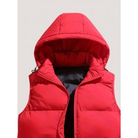 Plus Size Men's Solid Color Hooded Puffer Vest With Zipper And Pockets - Casual/Holiday Style, Autumn/Winter