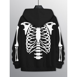 Plus Size Mens Graphic Print Hooded Skeleton Jacket - Soft Slight Stretch Polyester, Machine Washable, Regular Fit, Casual Stylish Drawing Pattern for Fall Winter - Mens Clothing