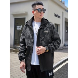 Plus Size Men's Rock Texture Print Hooded Coat Handsome Jacket For Fall Winter, Men's Clothing