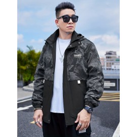 Plus Size Men's Rock Texture Print Hooded Coat Handsome Jacket For Fall Winter, Men's Clothing