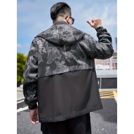 Plus Size Men's Rock Texture Print Hooded Coat Handsome Jacket For Fall Winter, Men's Clothing