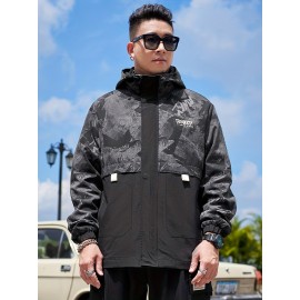 Plus Size Men's Rock Texture Print Hooded Coat Handsome Jacket For Fall Winter, Men's Clothing