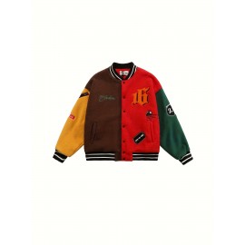 Plus Size Men's College Varsity Jacket, Baseball Vintage Warm Fleece Jacket, Casual Block Color Streetwear Coats