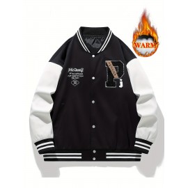 Plus Size Men's Letters Print Baseball Jacket Raglan Band Collar Jacket For Fall Winter, Men's Clothing