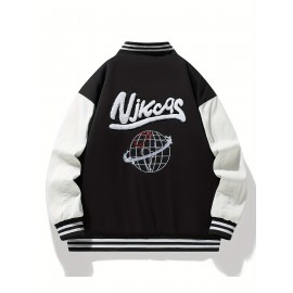 Plus Size Men's Letters Print Baseball Jacket Raglan Band Collar Jacket For Fall Winter, Men's Clothing