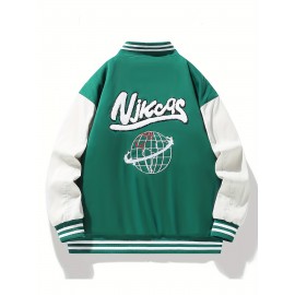 Plus Size Men's Letters Print Baseball Jacket Raglan Band Collar Jacket For Fall Winter, Men's Clothing