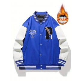 Plus Size Men's Letters Print Baseball Jacket Raglan Band Collar Jacket For Fall Winter, Men's Clothing