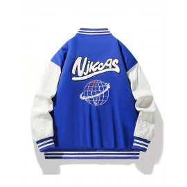 Plus Size Men's Letters Print Baseball Jacket Raglan Band Collar Jacket For Fall Winter, Men's Clothing