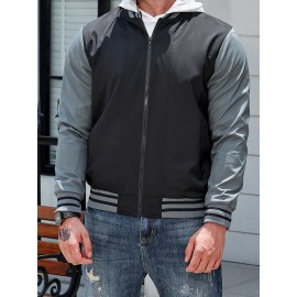 Plus Size Men's Casual Athletic Bomber Jacket, Fall Fashion Long Sleeve Zip-Up Jacket